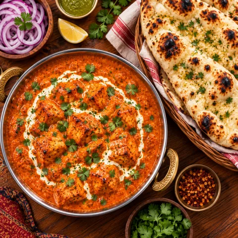 Tandoori Naan Brot mit Hähnchen Tikka Masala